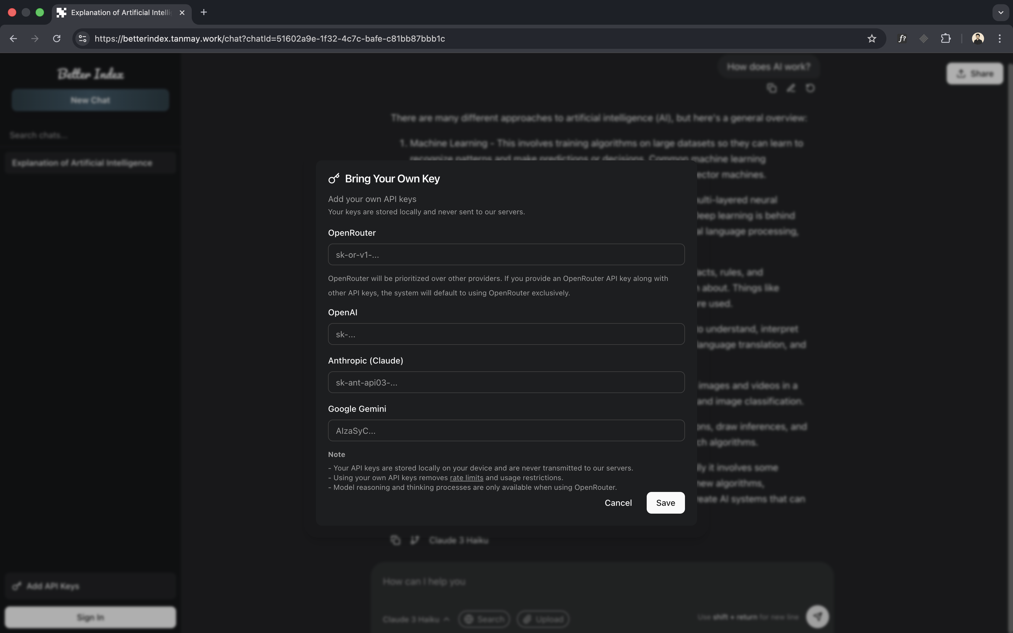 BetterIndex comparison view